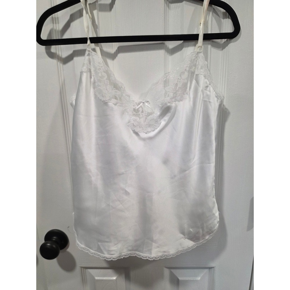 Vintage White Satin Lace Camisole Tank Top Adjustable Straps Bow Accent Small